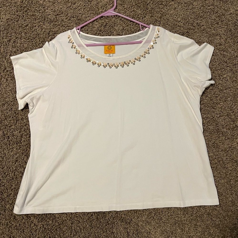 Ruby Rd 2X Cream Top with Beaded Collar